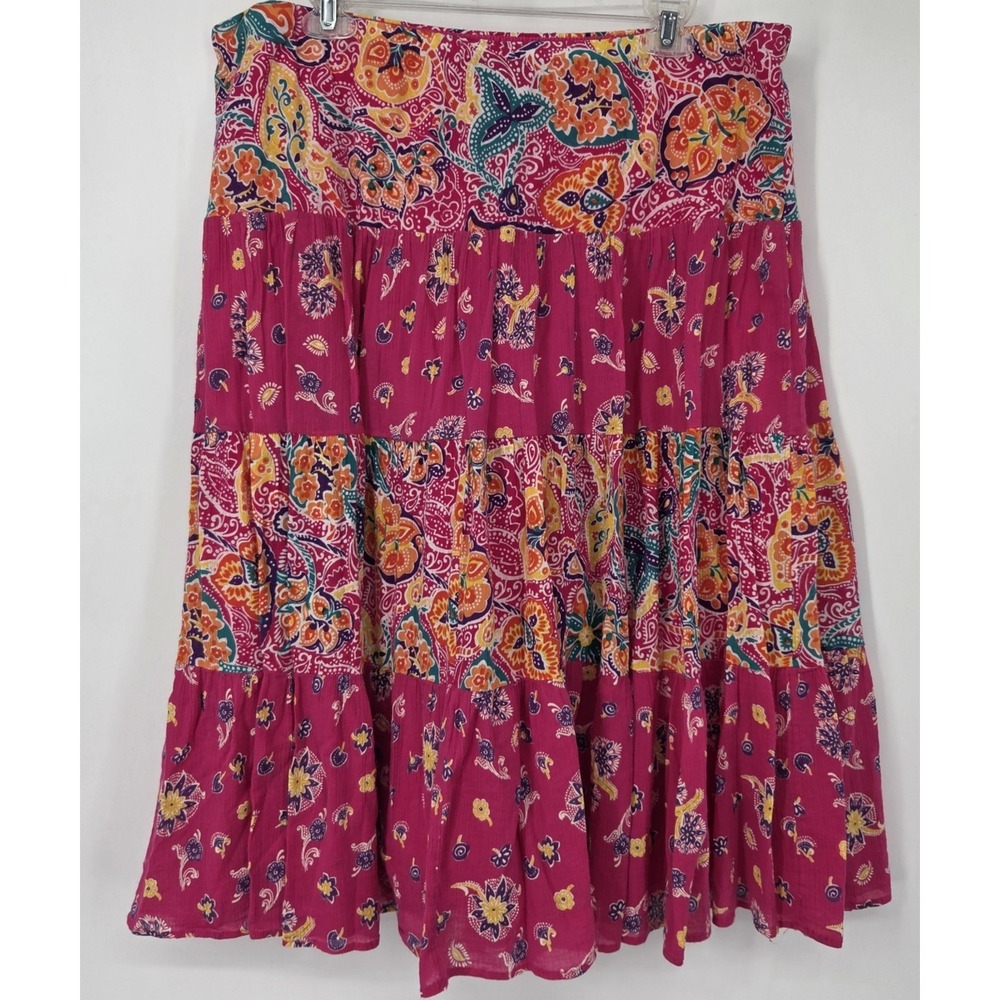 Chaps Tiered Pull On Boho Peasant Mid Skirt Size XL Pink Paisley Floral Colorful